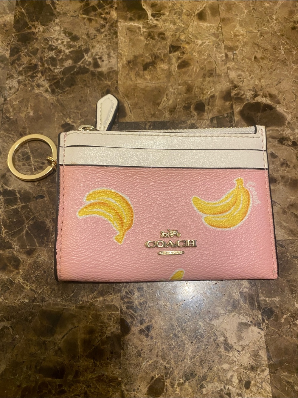 Coach Pink Banana Print Card Case with Gold Keyring